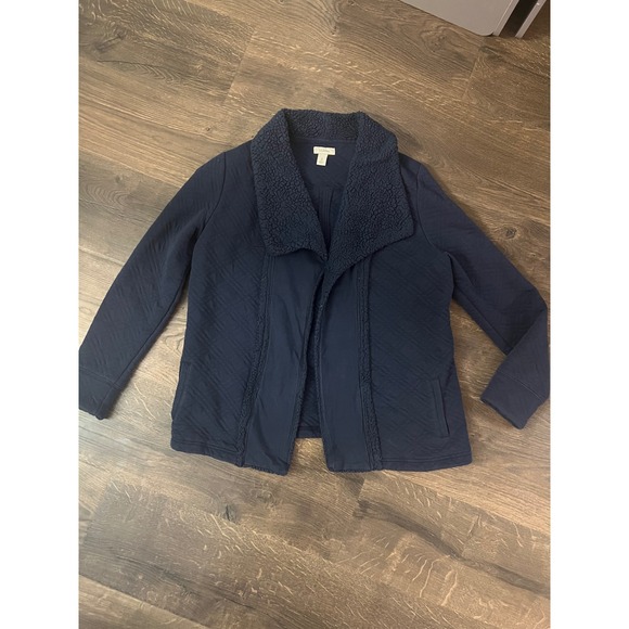 LL Bean Quilted Jacket Sherpa Collar Fleece Trim Blue Womens Medium M - Picture 1 of 4